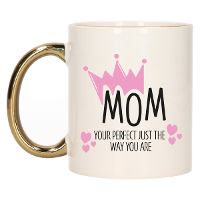 Cadeau koffie/thee mok voor mama   kroon/hartjes   goud   300 ml   keramiek   Moederdag