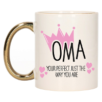 Cadeau koffie/thee mok voor oma   kroon/hartjes   goud   300 ml   keramiek