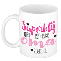 Cadeau koffie/thee mok voor oma   roze   super blij   keramiek   300 ml