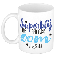 Cadeau koffie/thee mok voor oom   blauw   super blij   keramiek   300 ml