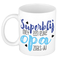 Cadeau koffie/thee mok voor opa   blauw   super blij   keramiek   300 ml