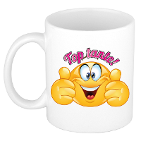 Cadeau koffie/thee mok voor tante   duim omhoog smiley   roze   300 ml   keramiek