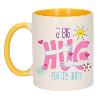 Cadeau koffie/thee mok voor tante   geel   big hug   keramiek   300 ml   Verjaardag