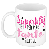 Cadeau koffie/thee mok voor tante   roze   super blij   keramiek   300 ml