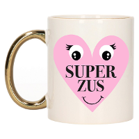 Cadeau koffie/thee mok voor Zus   goud   Super Zus hartje   keramiek   300 ml