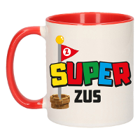 Cadeau koffie/thee mok voor zus   rood   super zus   keramiek   300 ml