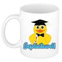 Cadeau koffie/thee mok   wit   geslaagd   bad eend   gefeliciteerd   300 ml   keramiek