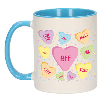 Cadeau koffiemok voor bff   hartjes snoepjes   blauw   verjaardag kado   vrienden/vriendin
