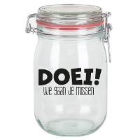 Cadeau voorraadpot collega   afscheid / pensioen   Doei we gaan je missen   glas   1 liter