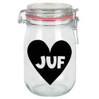 Cadeau voorraadpot   juf   glas   11 x 11 cm   1 liter   verjaardag cadeau   snoeppot   juffendag