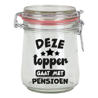 Cadeau voorraadpot   pensioen   glas   10 x 7,5 cm   720 ml   VUT cadeau   snoeppot   collega