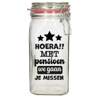 Cadeau voorraadpot   pensioen   glas   12 x 7 cm   1,5 liter   VUT cadeau   snoeppot   collega