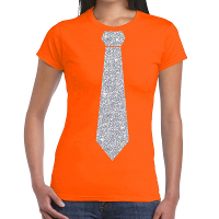 Carnaval verkleed t shirt   met stropdas   oranje   zilver glitters   dames   fun t shirt