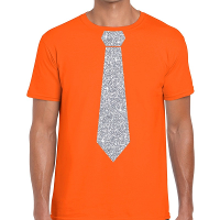 Carnaval verkleed t shirt   met zilveren glitter stropdas   oranje   voor heren   disco   glamour