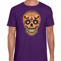 Day of the dead skelet gezicht halloween verkleed t shirt paars voor heren