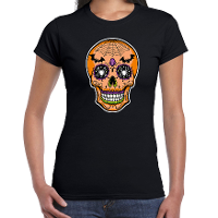 Day of the dead skelet gezicht halloween verkleed t shirt zwart voor dames