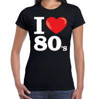 Disco T shirt dames   I love 80s   zwart   eighties thema party   verkleedkleding   themafeest