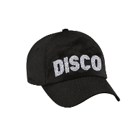 Disco thema verkleed petje   baseballcap   voor volwassenen   zilver glitter bedrukking   zwart