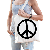 Flower Power Peace teken Tasje   katoen   met draaghengsels   42 x 38 cm   naturel
