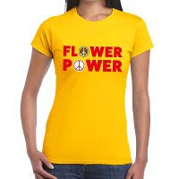 Flower power tekst t shirt geel dames