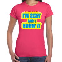 Foute party I m sexy and i know it verkleed t shirt roze dames   Foute party hits outfit/ kleding