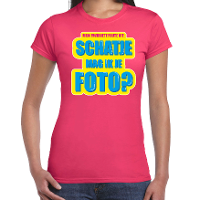 Foute party Schatje mag ik je foto verkleed t shirt roze dames   Foute party hits outfit/ kleding