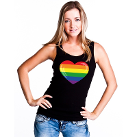 Gay pride singlet shirt   tanktop   met Regenboog vlag in hartje   zwart   voor dames