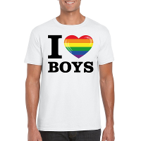 Gay Pride T shirt heren   wit   I love boys   regenboog hartje   Gay pride thema   LHBTI