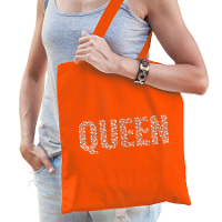 Bellatio Decorations Glitter Queen katoenen tas oranje rhinestones steentjes voor dames     EK/WK / Koningsdag tas/ acce