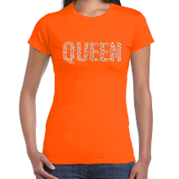 Glitter Queen t shirt oranje rhinestones steentjes voor dames   EK/WK shirts / Koningsdag outfit