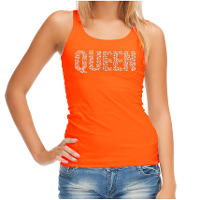 Glitter Queen tanktop oranje rhinestones steentjes voor dames   EK/WK tops / Koningsdag outfit