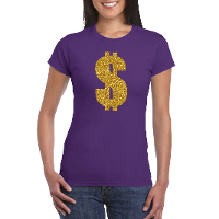 Gouden dollar / Gangster verkleed t shirt / kleding paars dames