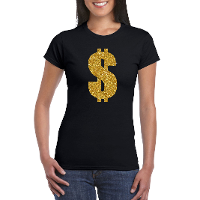 Gouden dollar / Gangster verkleed t shirt / kleding zwart dames
