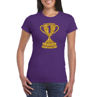 Gouden kampioens beker / nummer 1 t shirt / kleding paars dames