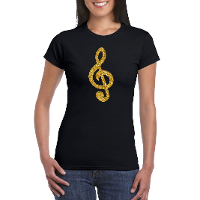 Gouden muziek noot G sleutel / muziek feest t shirt / kleding zwart dames