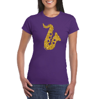 Gouden saxofoon / muziek t shirt / kleding paars dames