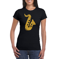 Gouden saxofoon / muziek t shirt / kleding zwart dames