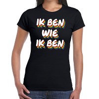 Ik ben wie ik ben gay pride t shirt zwart voor dames