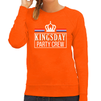 Kingsday party crew sweater oranje met witte letters voor dames   Koningsdag truien