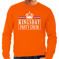 Kingsday party crew sweater oranje met witte letters voor heren   Koningsdag truien
