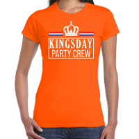 Kingsday party crew t shirt oranje met witte letters voor dames   Koningsdag shirts