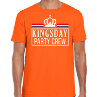 Kingsday party crew t shirt oranje met witte letters voor heren   Koningsdag shirts