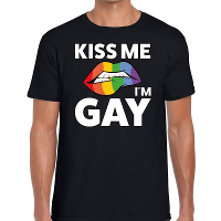 Kiss me i am gay t shirt   zwart   voor heren   Gay pride kleding   katoen   korte mouwen