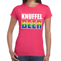 Knuffel beer gay pride t shirt roze voor dames