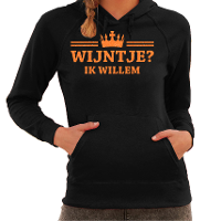 Koningsdag hoodie voor dames   wijntje   zwart   met glitters   oranje feestkleding