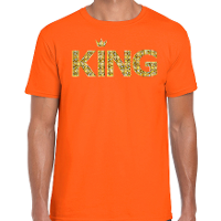Koningsdag King t shirt oranje met gouden letters en kroon heren