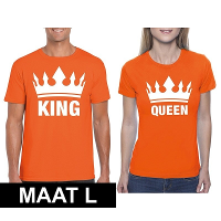 Koningsdag koppel King & Queen t shirt oranje maat L