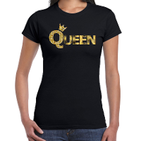 Koningsdag Queen t shirt zwart met gouden kroon dames