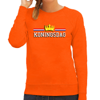 Koningsdag sweater met gouden kroon oranje voor dames   Koningsdag truien