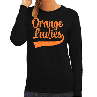 Koningsdag sweater voor dames   orange ladies   zwart   met glitters   oranje feestkleding